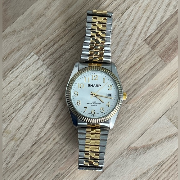 Sharp Men’s Watch Two Tone Stretch Bracelet White Dial Date Window - Picture 5 of 9